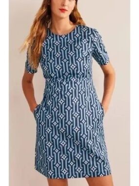Boden Geometric Mini Shift Dress Blue White Retro Mod Cotton Pocket Short Sleeve
